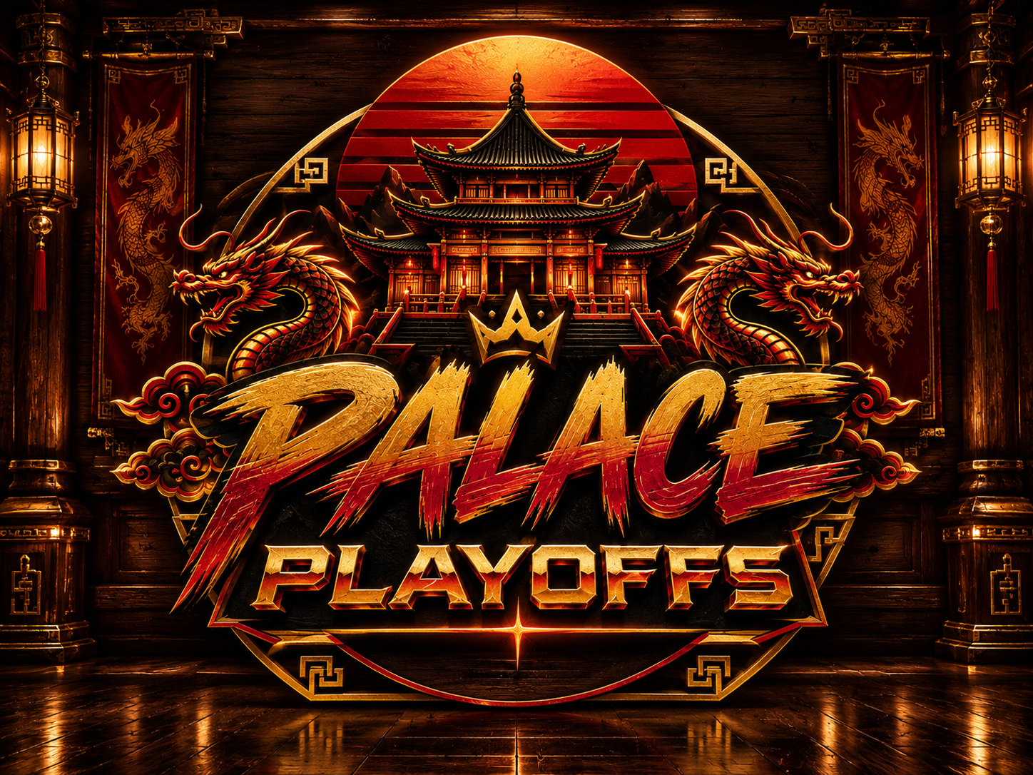 Palace Playoffs emblem with a red pagoda, golden dragons and lanterns in a dark palace hall